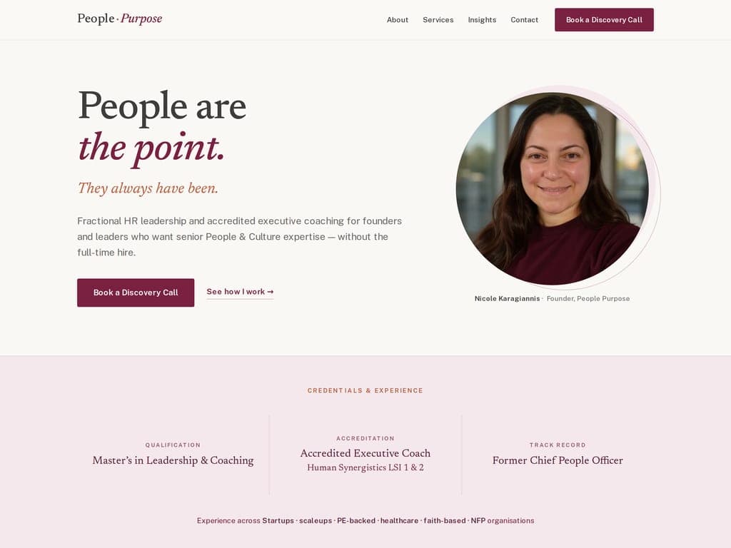 Homepage of the People Purpose site we designed and built — fractional HR leadership and executive coaching